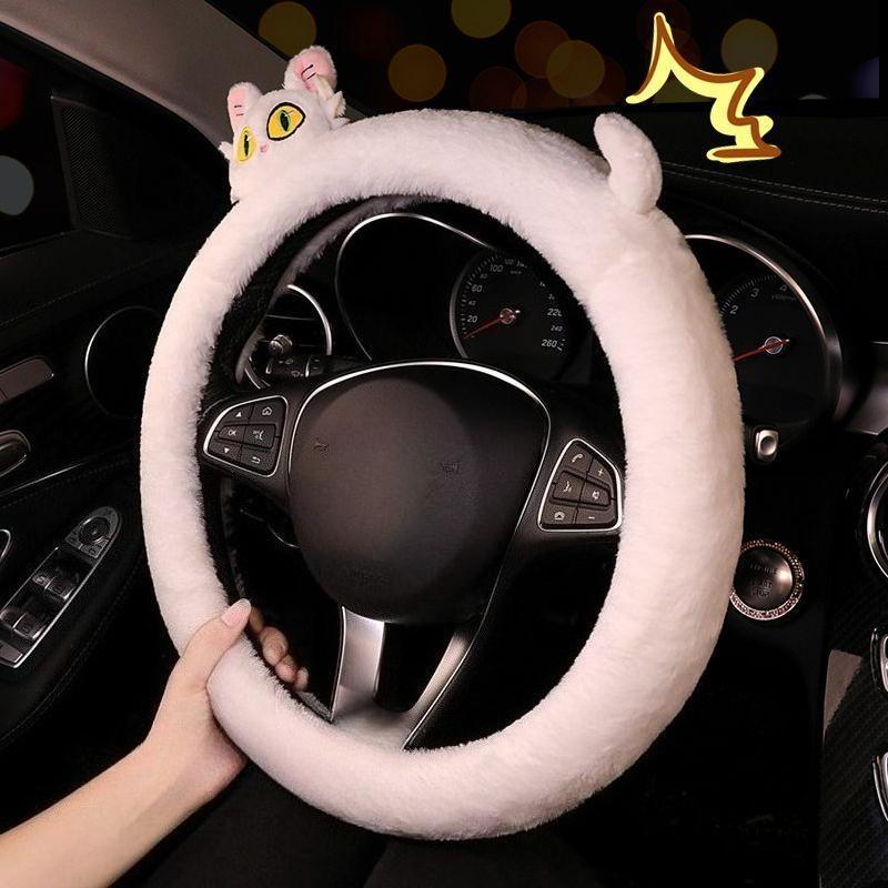 Cute Black Cat White Cat Plush Car Steering Wheel Cover Anti-Slip Sweat Absorbing Universal Car Steering Wheel Handle