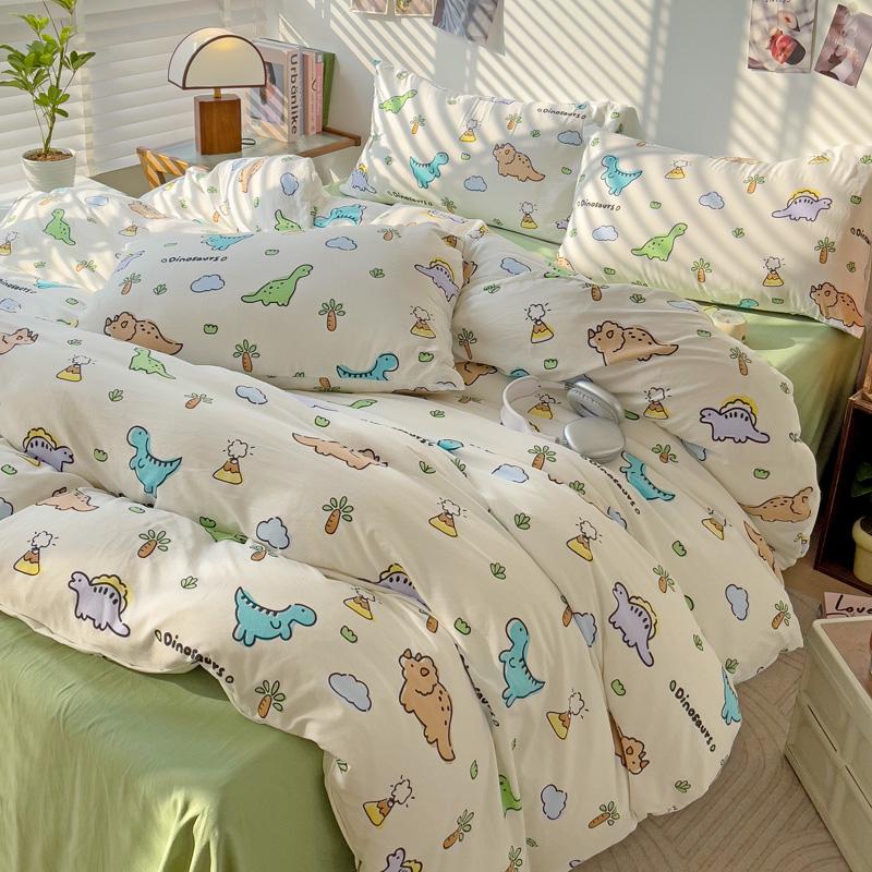 Cartoon Dinosaur Kids Duvet Cover 4Pcs Bedding Set Cute Dino Quilt Cover Polyester Comforter Cover 1 Flat Sheet 2 Pillow Shams