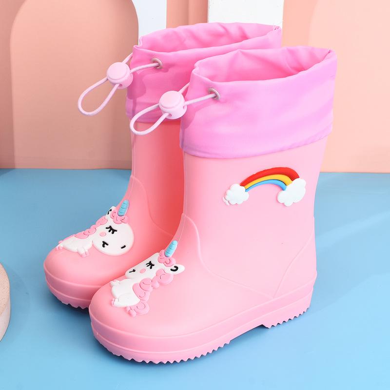 

Детские мультяшные резиновые сапоги - На флисовой подкладке, Нескользящие, На шнурке для мальчиков и девочек, Всесезонная обувь для детского сада Inner Length 19cm/Size 29