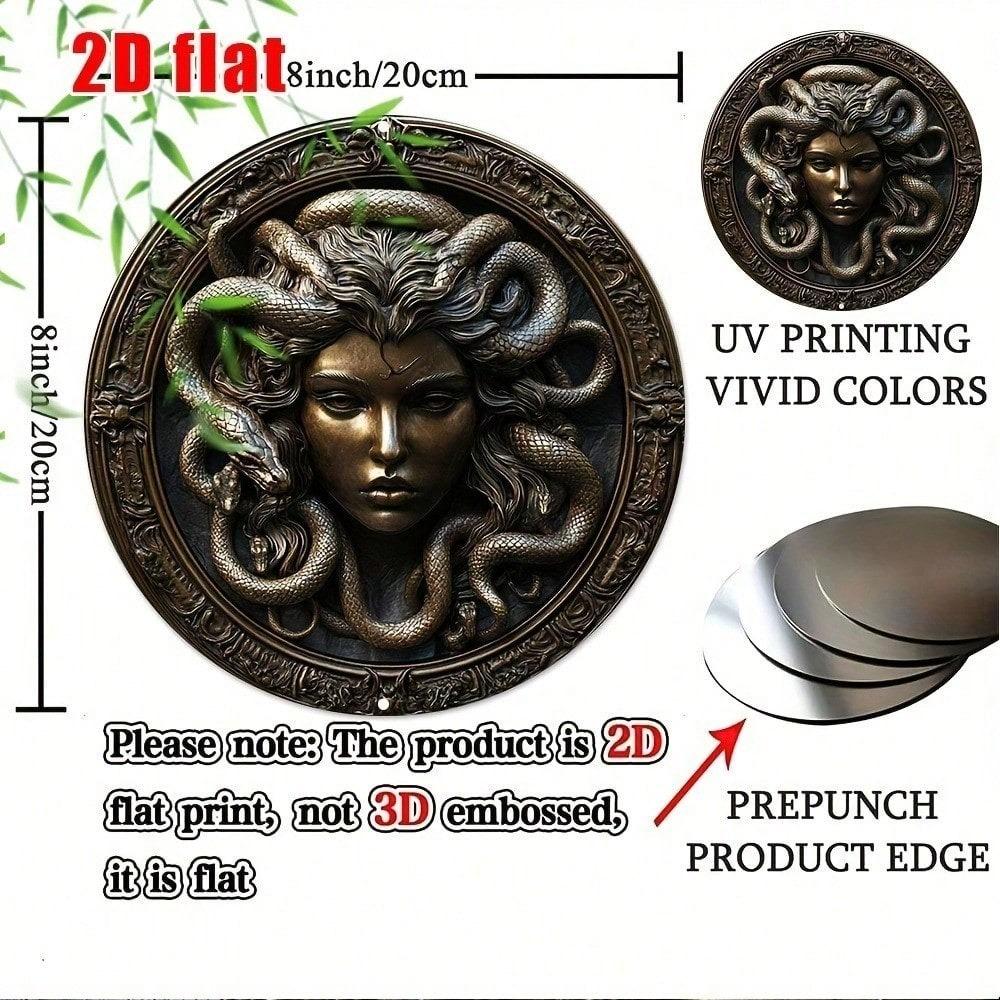 Metal Medusa Wall Art, 8x8 Inch Round Aluminum Sculpture, 2D Flat Head Decor for Home, Waterproof Durable Outdoor Metal Sign