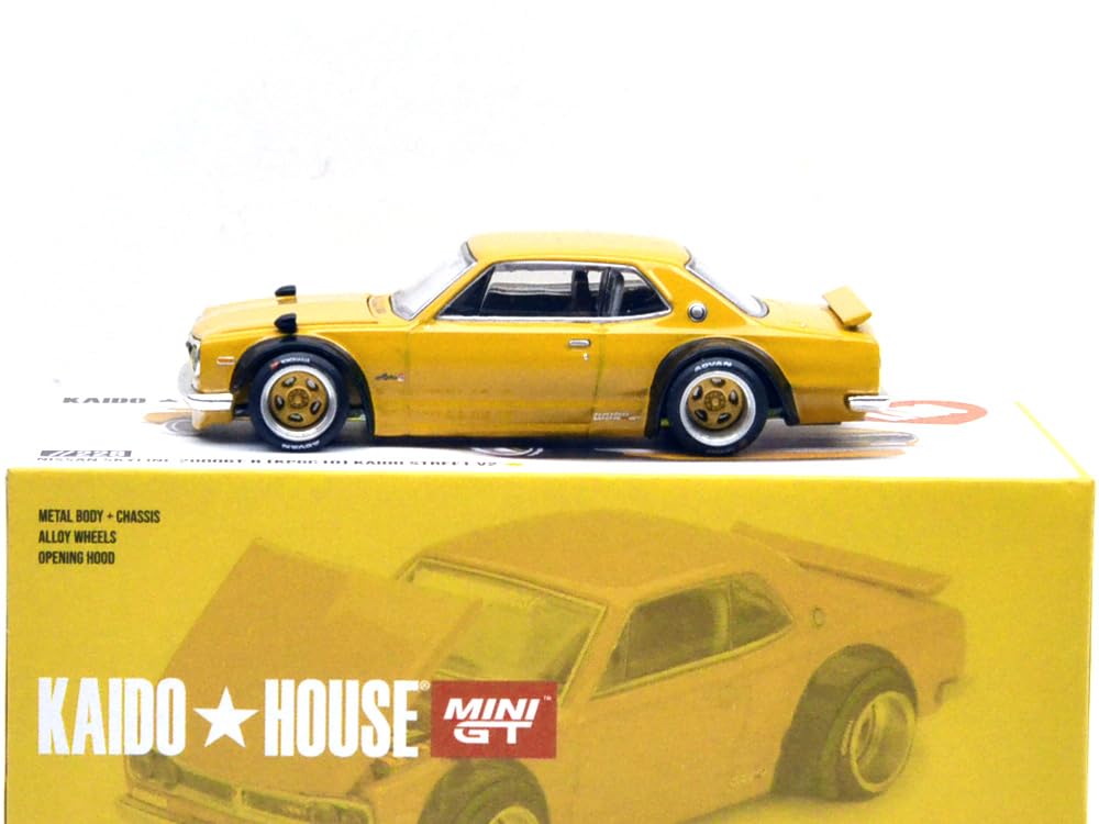 MINI GT масштаб 1:64 KAIDO HOUSE - NISSAN SKYLINE 2000 GT-R (KPGC10) KAIDO STREET V2 - Желтый KHMG228