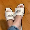 Real Soft Leather Silver Buckle Slippers Women's 2025 Summer New French Lock Flat Bottom Cool Slippers Wear Half Slippers Women