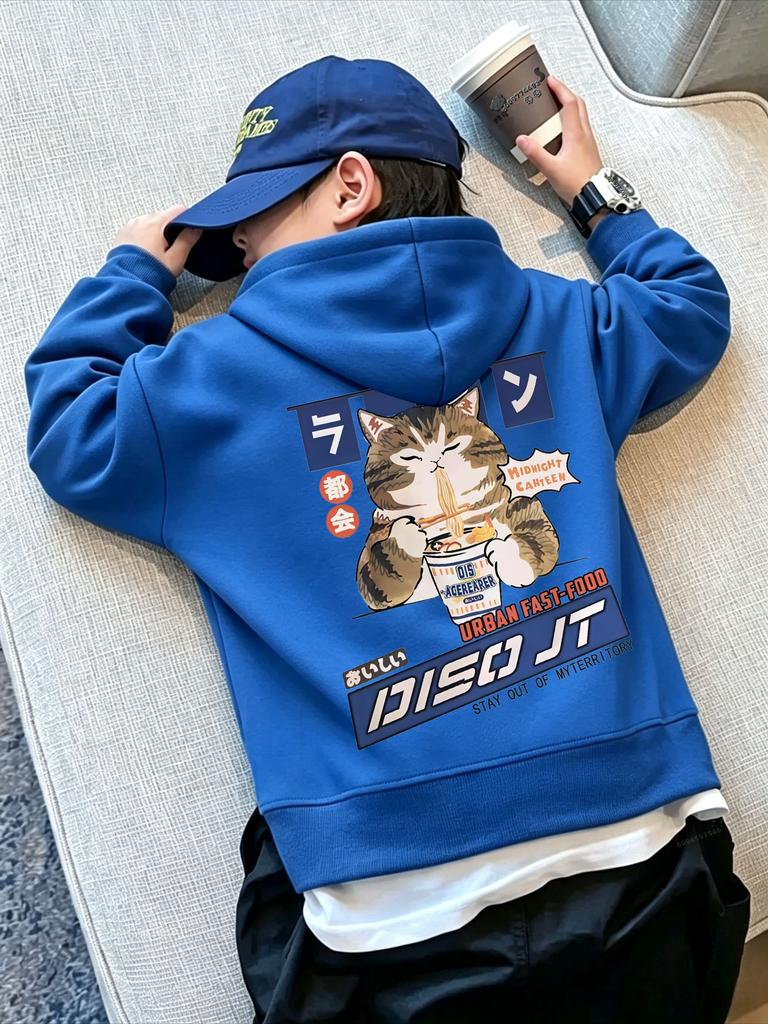 Autumn Winter Cartoon Cat Ramen Back Print Pullover Boys Girls Long Sleeve Hooded Sweatshirt Streetwear Children Warm Top