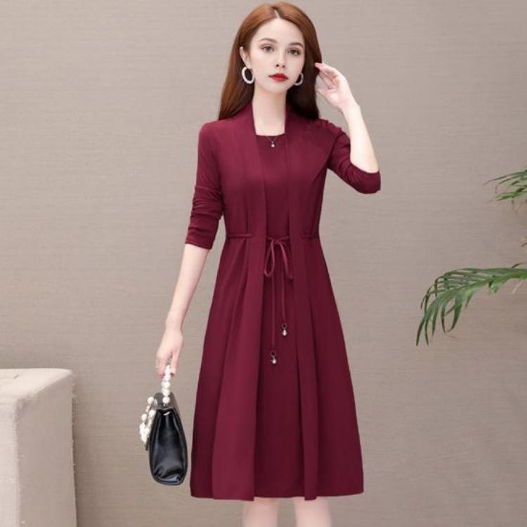 Elegant Plus Size Lady Dress Formal Office Commuting Midi Dress Long Sleeve A-line Lace-up Strap Fake Two-piece Style