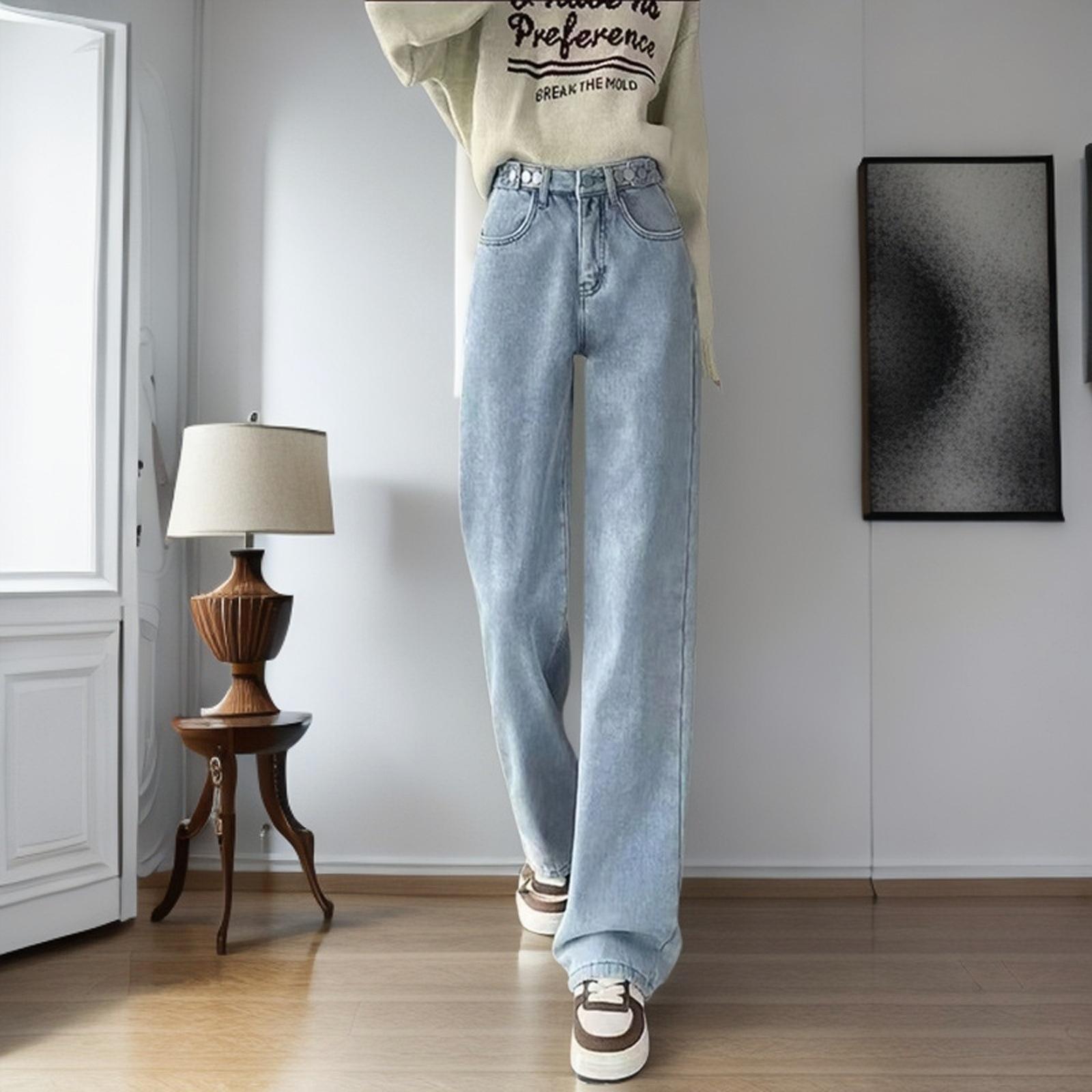 

Retro Blue Women s Wide-Leg Spring Jeans – Versatile Floor-Length Straight-Leg Pants for Students 3XL