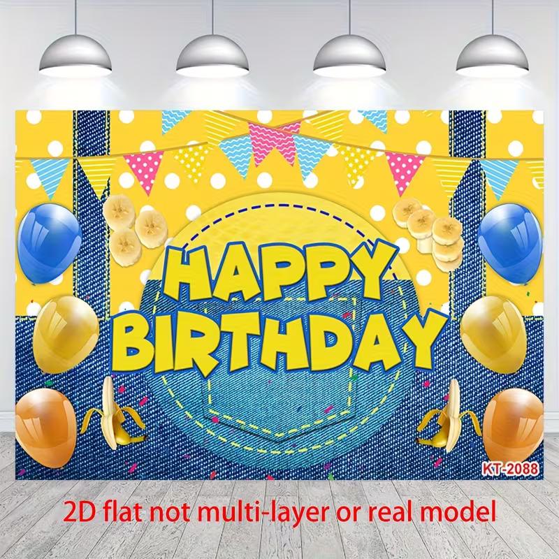 2D Yellow Polka Dot Denim Style Birthday Background with Banana Slices