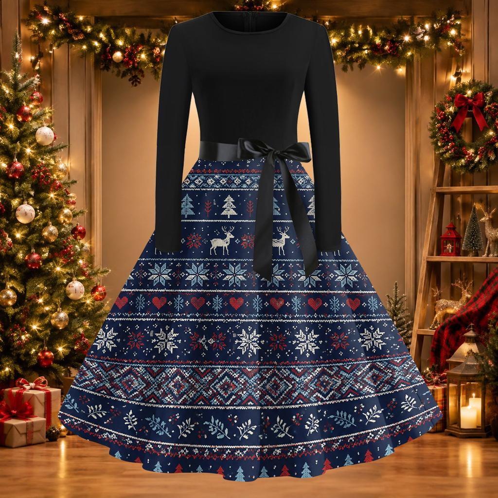 Women's Casual Slim Fit Long Sleeve Round Neck Flared Dress with Christmas Print