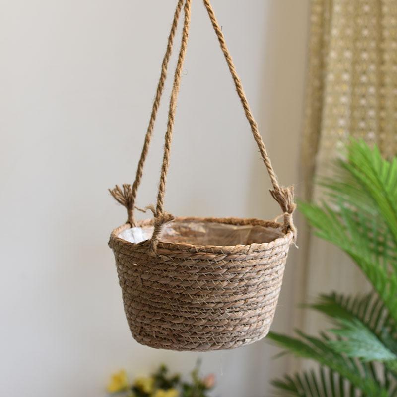 Rattan Woven Hanging Basket Flower Pot Handmade Straw Woven Plant Hangers Home Garden Decor Hanging Planter Flowerpot
