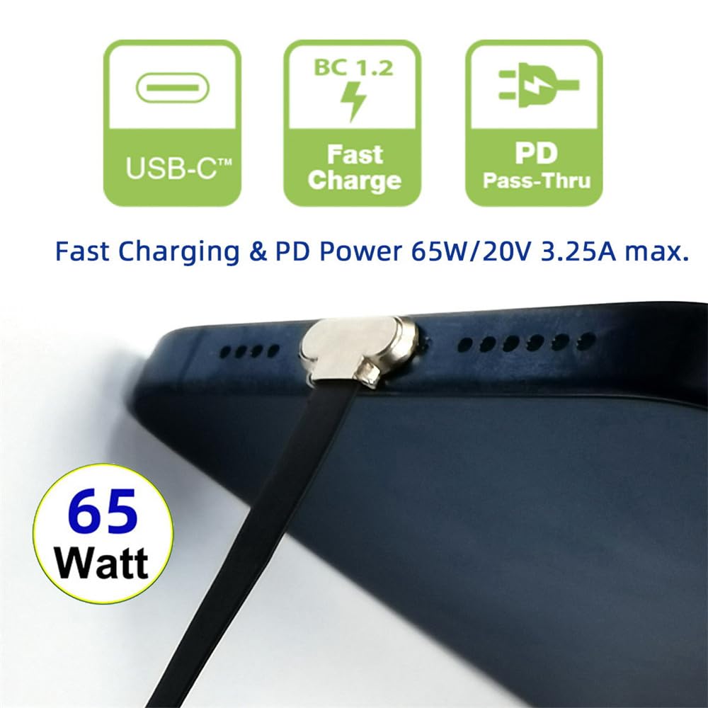 xiwai Angled Short Male to Male Fast Charging Ultra Slim Flat USB Data 65W Power for Laptops and Black USB-C Cord, 2.0 Cable, Supply, Tablets, 5.9