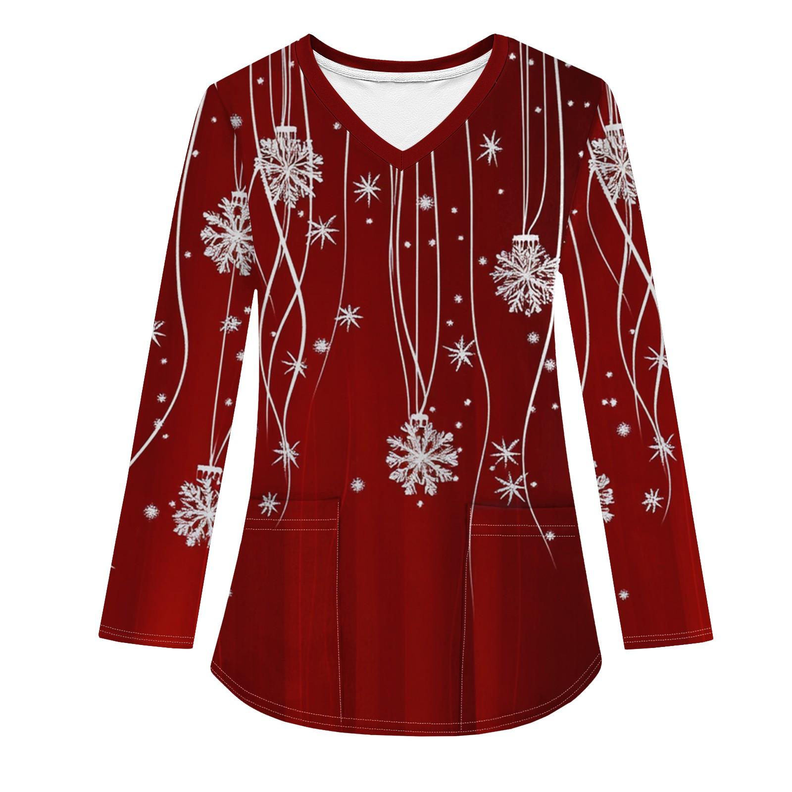 

Женская модная рабочая одежда с V-образным вырезом, длинным рукавом и карманом, рождественский принт, футболка, топ XXL