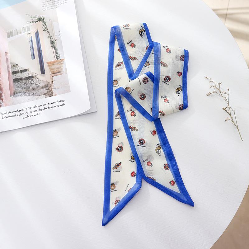 Summer French Retro Blue Tied Hair Small Floral Long Silk Scarf Headband Braided Hair Chiffon Thin Ribbon Scarf