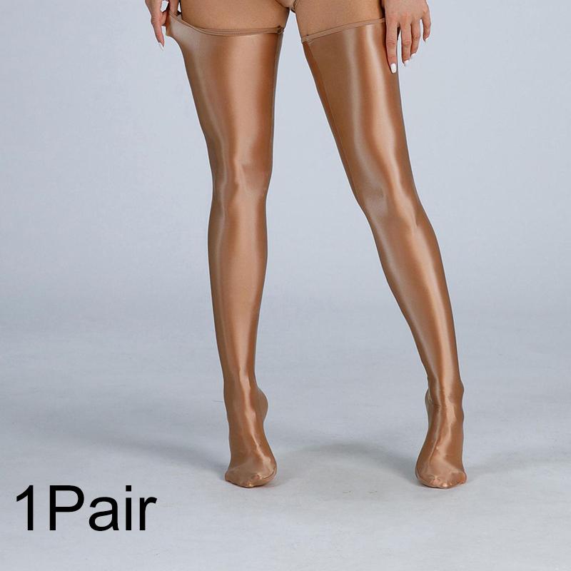 1Pair Lingerie Glossy Nylon Hosiery Oily Women's Shiny Stockings Solid Color Thigh High Socks