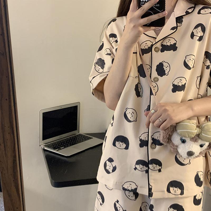 Letní pyžamo Dámské šortky s krátkým rukávem Mašle Volný Cardigan Léto lze nosit jako sadu domácího oblečení