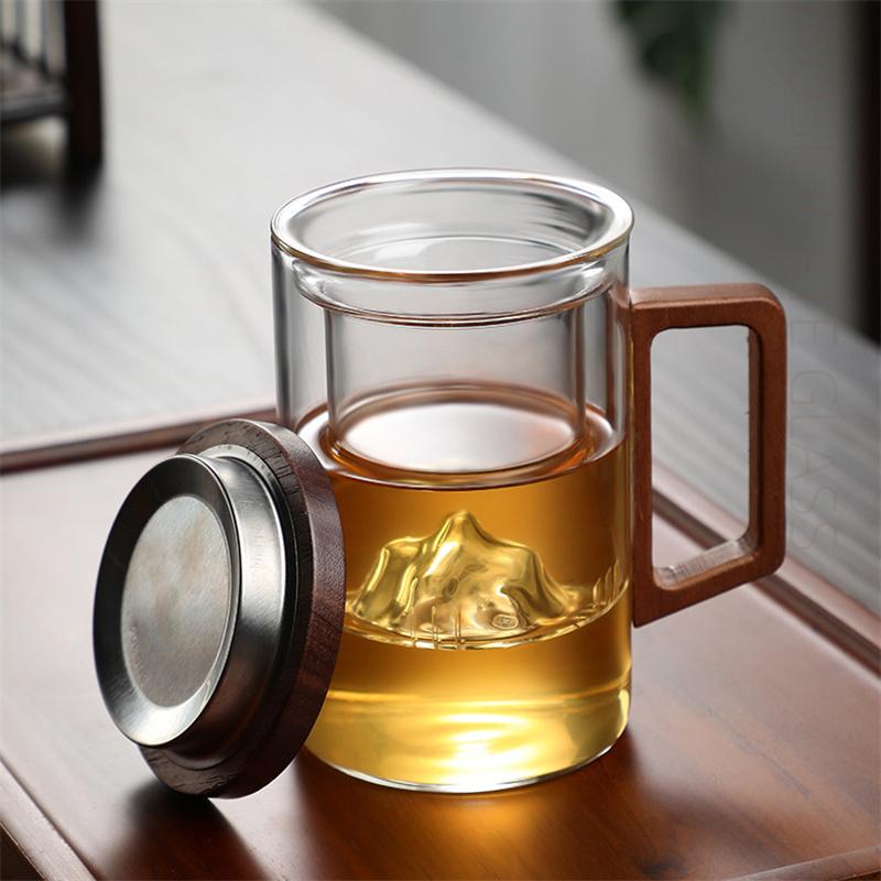 500ml Heat Resistant High Borosilicate Glass Tea Water Separation Tea Cup with Wooden Lid Handle Flower Tea Making Mug Water Cup