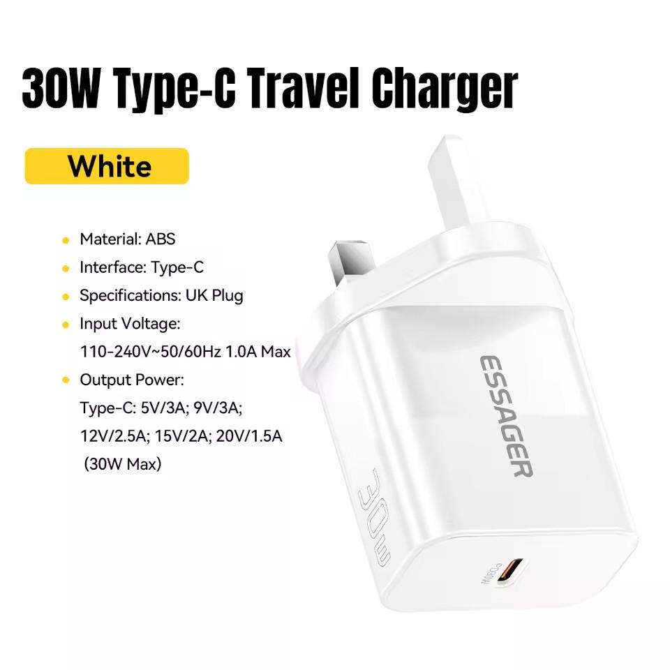 

Essager 30W Type C Дорожное зарядное устройство Портативное зарядное устройство USB C PD Быстрая зарядка Для iPhone 16 15 14 13 Pro Max Xiaomi Galaxy S24 Ultra 30W UK Plug белый