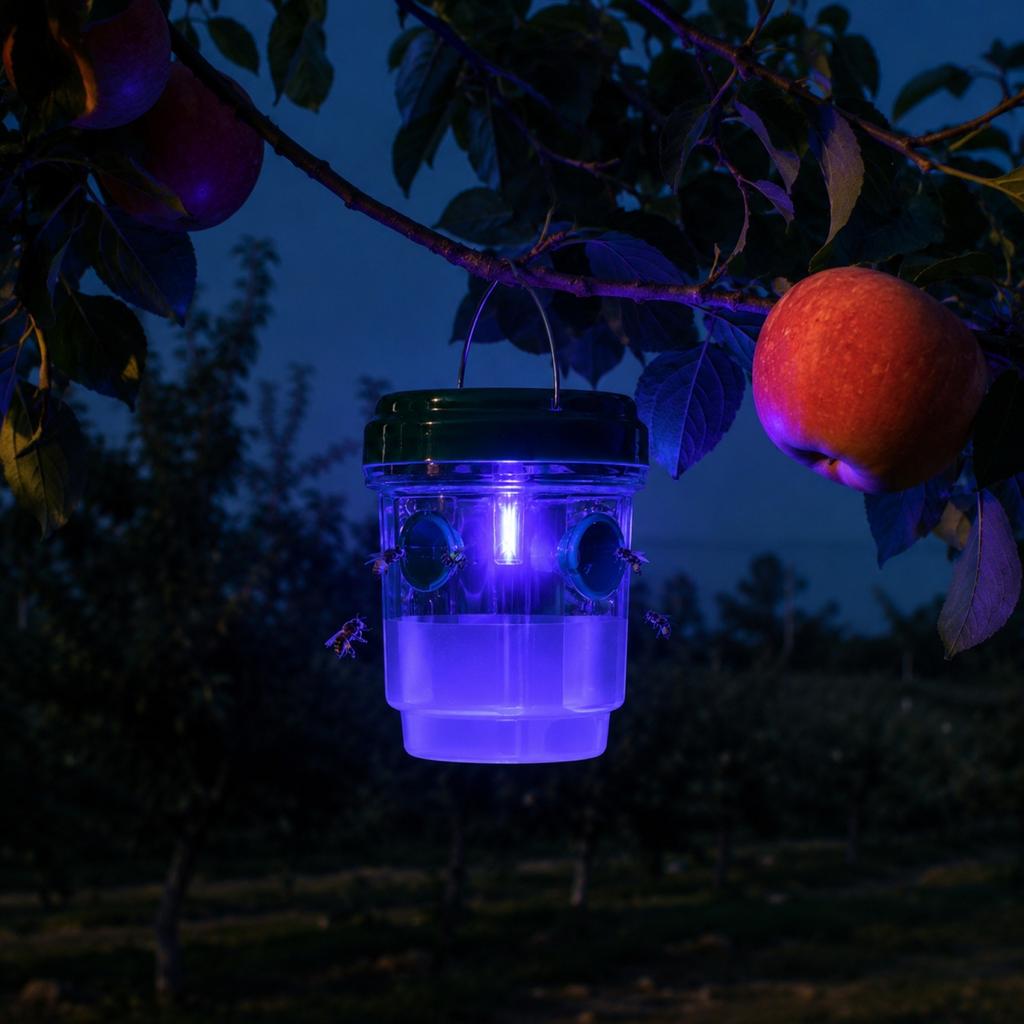 Outdoor Fruit Fly Trap Hanging Container Solar Powered LED Light Fruit Fly Catcher for Garden Patio Porch Insect Control