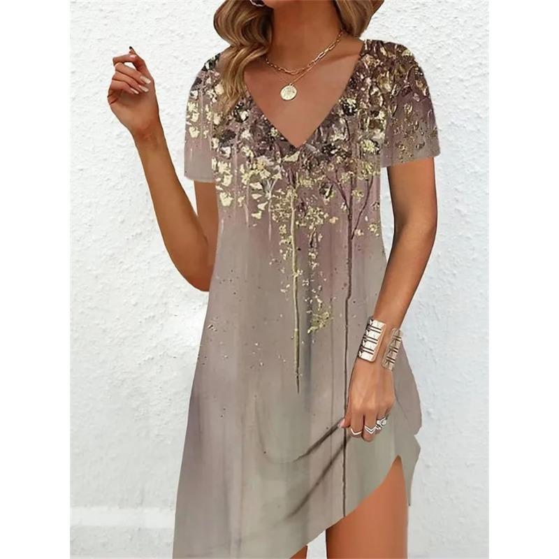 Mode Übergröße Kleid Lässig Locker V-Ausschnitt Damen Sommer Print Party Damen Neu Sommer Pullover Kurzarm Kleid