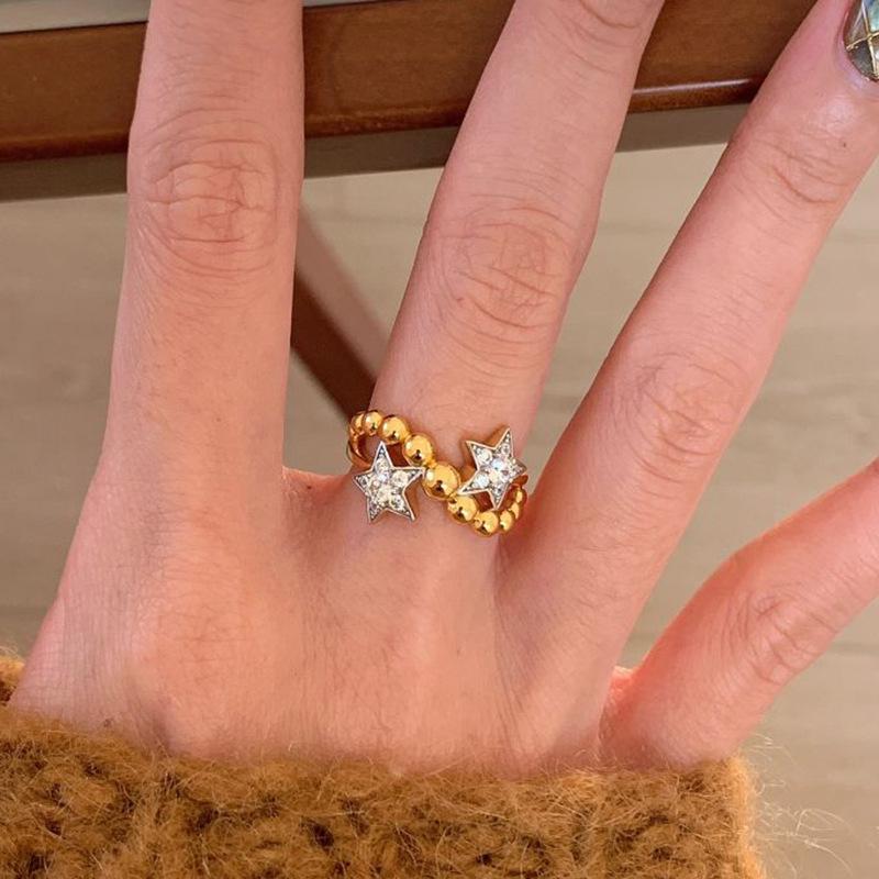 Xiaohongshu Gold Twin Star Ring: Elegant Beaded Sparkle