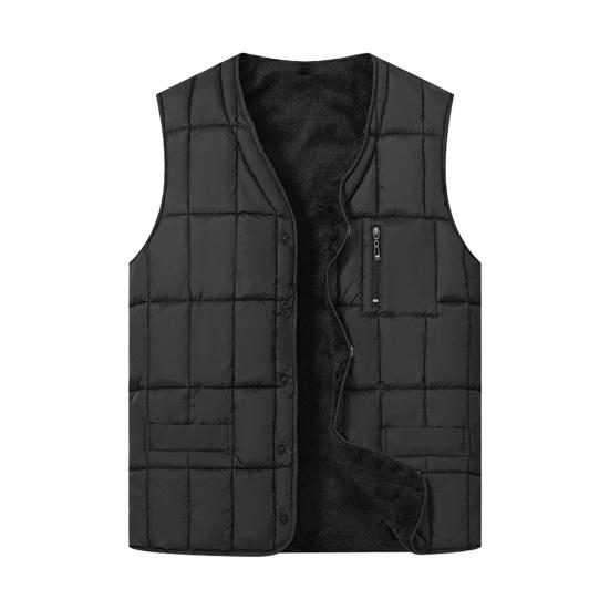Men Waistcoat V-Neck Sleeveless Single Breasted Quilted Vest Coat with Zipper Pockets Solid Color Plush Lining Thickened Thermal Vest Jacket