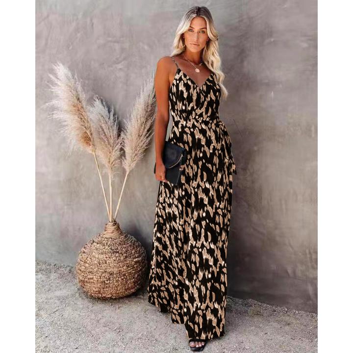 Sommerkleid für Damen, Neckholder, offener Neckholder, V-Ausschnitt, elastische Taille, sexy Print, langes Kleid