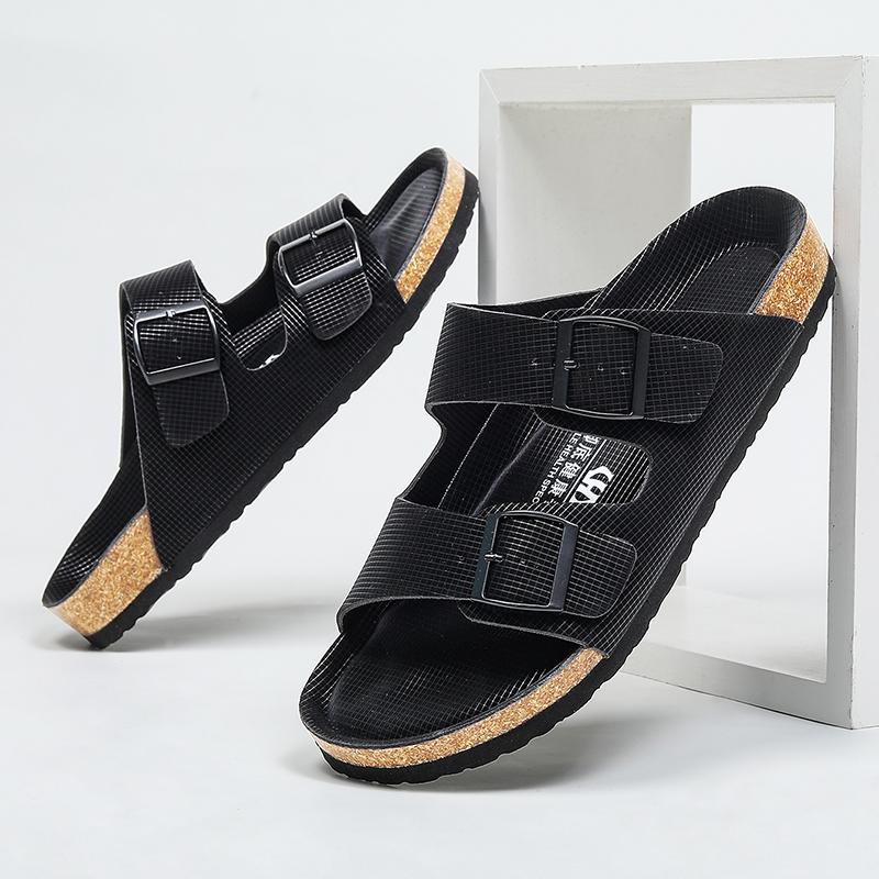 Summer Men's Cork Slippers Leather Slippers Man Soft Cork Two Buckle Versatile Beach Slides Non-slip Footwear for Men Size 35-46
