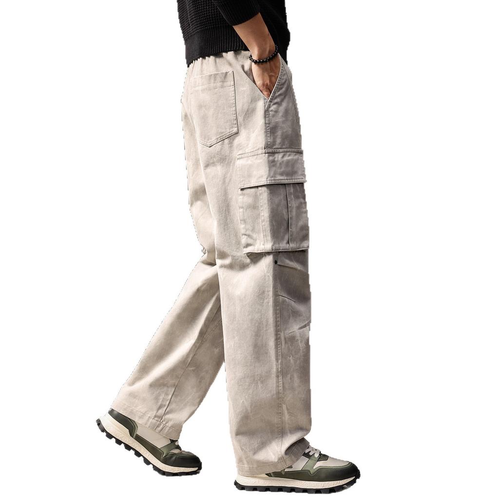 High-end American retro washed overalls men's autumn new loose straight paratrooper dirty dyed multi-pocket casual pants