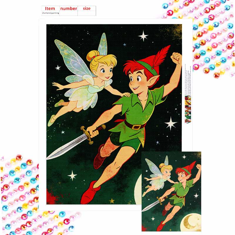 Disney Diamond Painting Kit Peter Pan Tinkerbell 5D DIY Diamond Art Home Bedroom Wall Decor Round 20x30cm