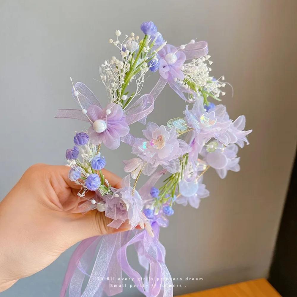 Children's Crown Flower Lace Headwear Cute Princess Garland Pearl Ribbon Hair Clasp Wedding Flower Girls Hair Accessories