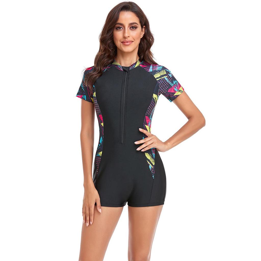 Europäisch-Amerikanischer Sportlicher Damen-Badeanzug aus Einem Teil - Kurzärmelig, Bedruckt, Patchwork-Design Surfbekleidung