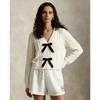 Womens V-Neck Knit Sweater With 3D Bow Detail Loose Fit Casual Pullover In Arctic Fleece S M L