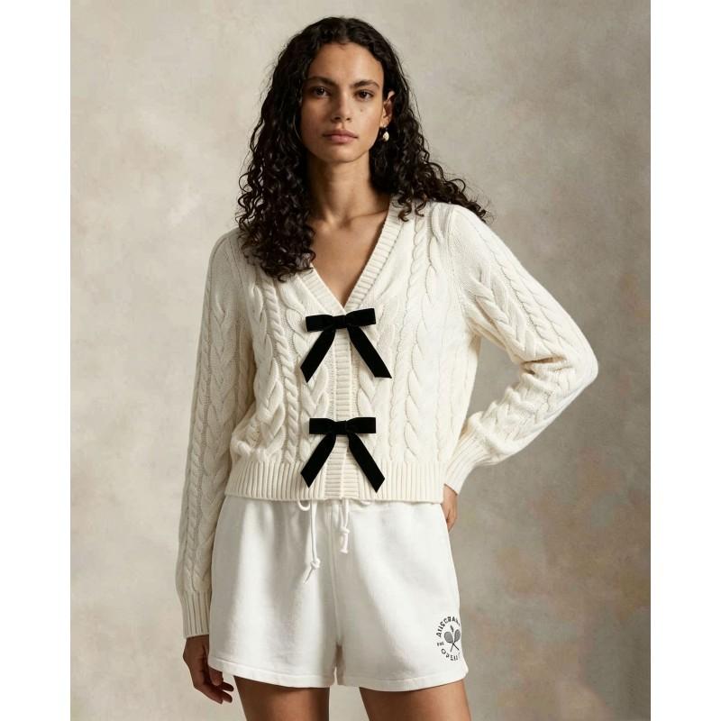 Womens V-Neck Knit Sweater With 3D Bow Detail Loose Fit Casual Pullover In Arctic Fleece S M L