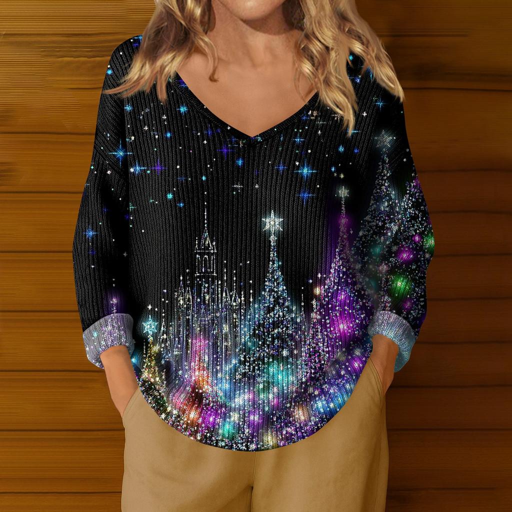 Women's Fashion Casual Long Sleeve Christmas Star Print V-Neck Top