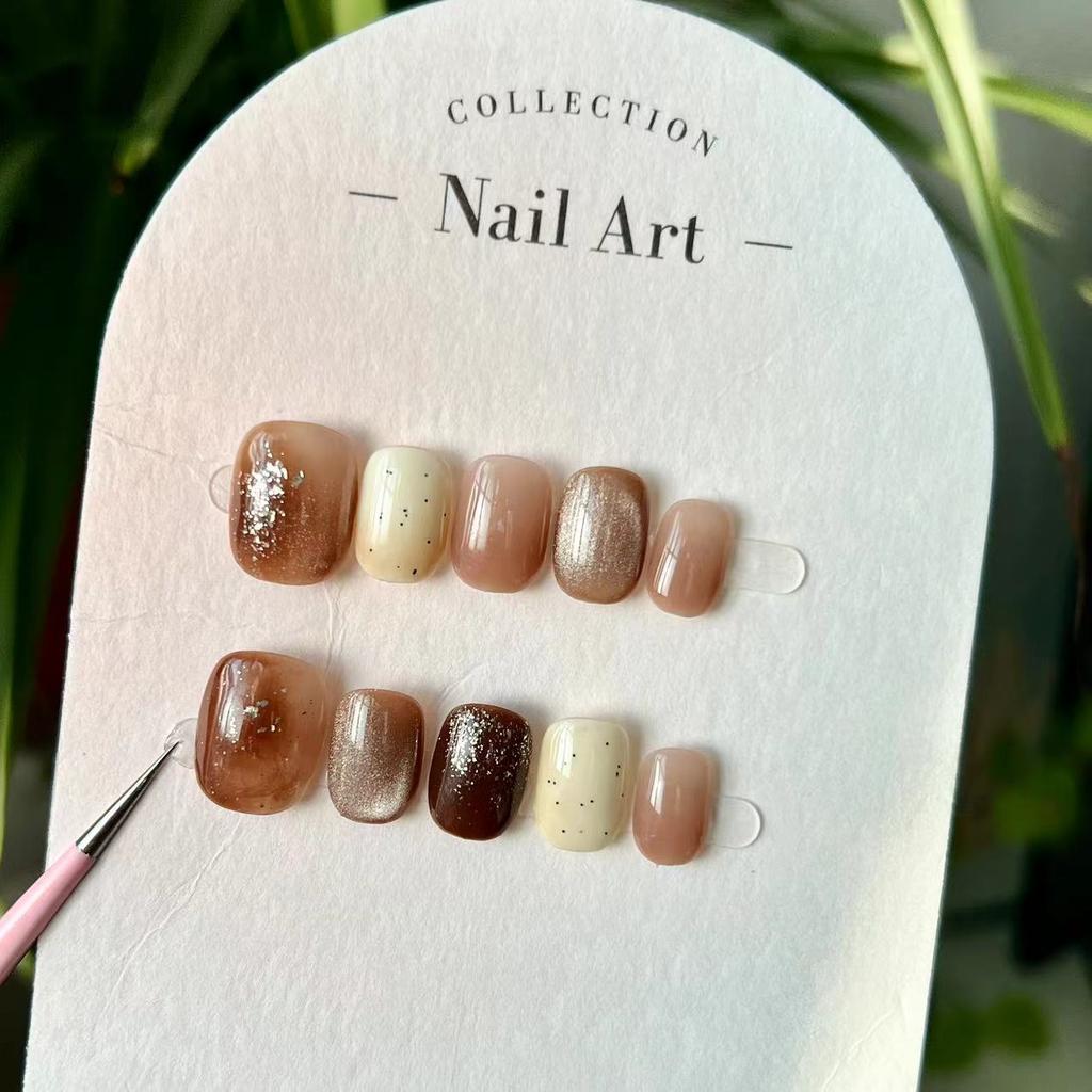 10Pcs Short Round French Press On Nails Black Hand Painted Star Rhinestone Detachable Fake Nail Art Set