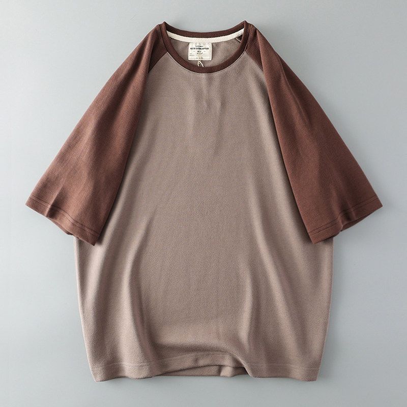 American Raglan Patchwork Contrast Color Men Short Sleeve T-Shirt Men's Pure Cotton 300G Heavy Weight Export Export Menswear T-shirt