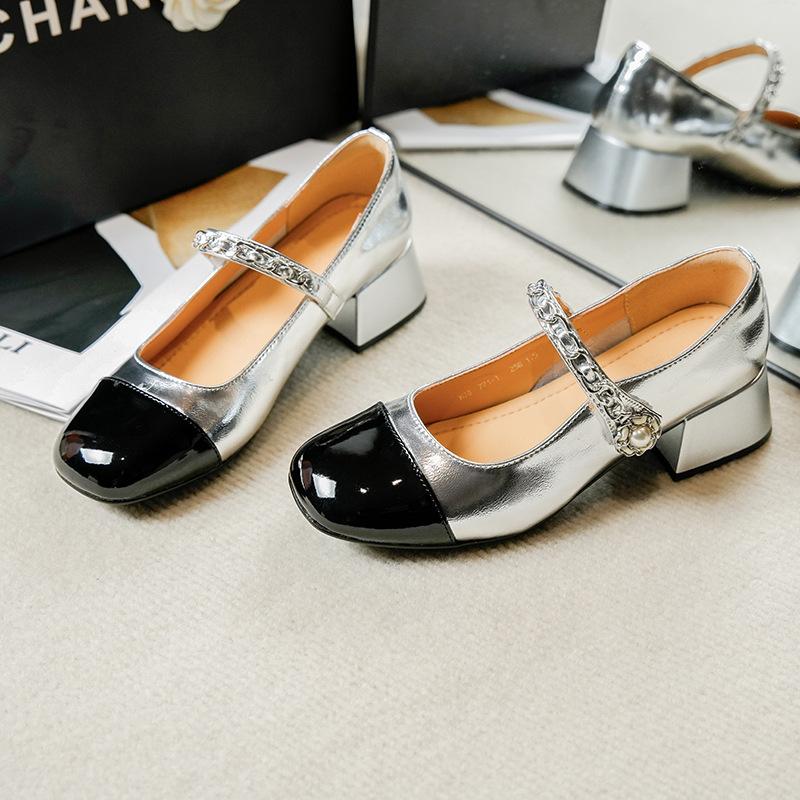 Real Sheepskin French Mary Jane Women'S Shoes Temperament Thick Heel Single Shoes Women'S High Heels Color Matching Small Leather Shoes Women