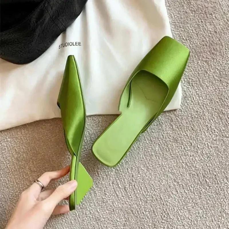 Fashion Luxury Satin Sandals Women Summer Sexy Square Head Strange Low Heel Slide Sandals Chunky Heel Elegant Design Mule Slippers Women
