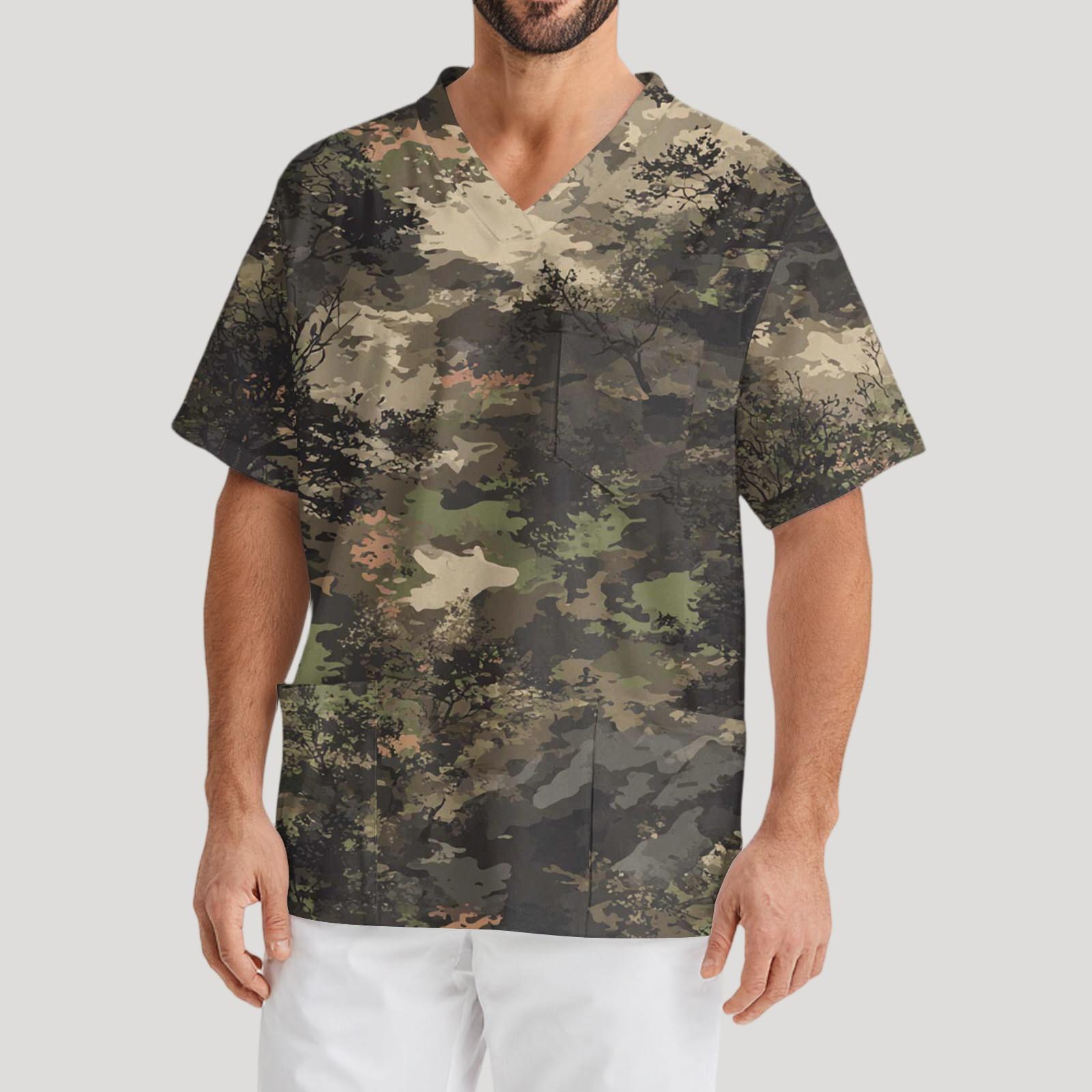 

Мужская рабочая блузка с короткими рукавами и v-образным вырезом с принтом, топ с нагрудным карманом L