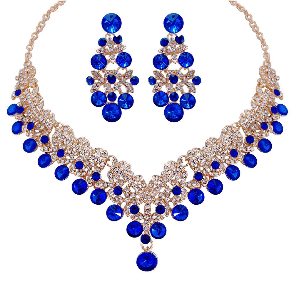 Exquisite Colored Rhinestone Necklace Earrings Set Party Dress Accessories Necklace
