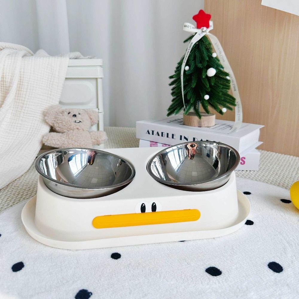 Stainless Steel Dog Double Bowl Large Capacity Anti Knock Pet Drinking Bowl with Stand Cute Duck Shape Anti Slip