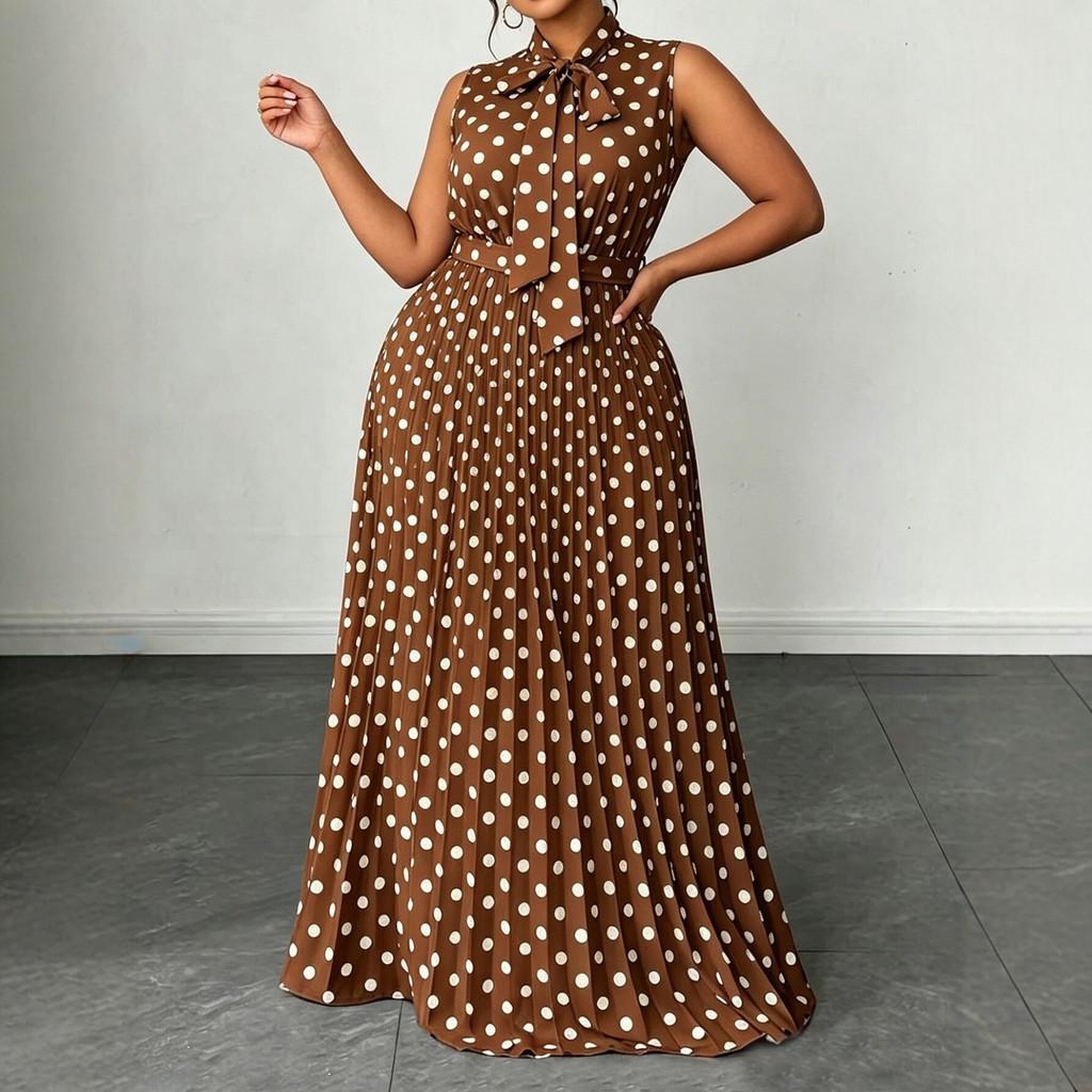 Elegantes ärmelloses Polka-Dot-Kleid mit Bindeband für Sommerreisen und Freizeit