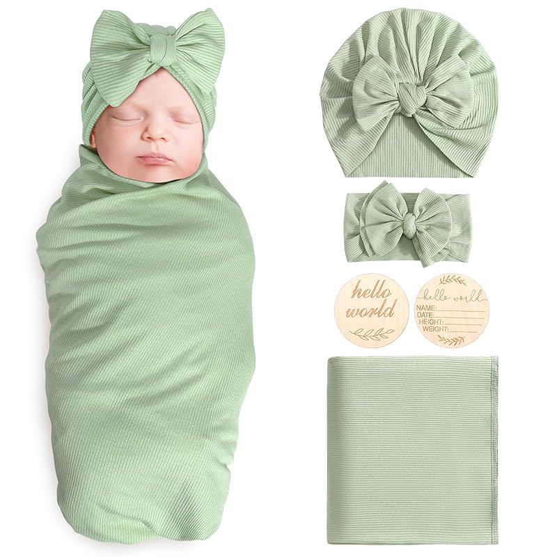 Newborn Receiving Blanket with Bow Hat Mittens Wooden Card Set Wheat-Pattern Newborns Toddler Baby Boy Girl Nursery Swaddle Wrap