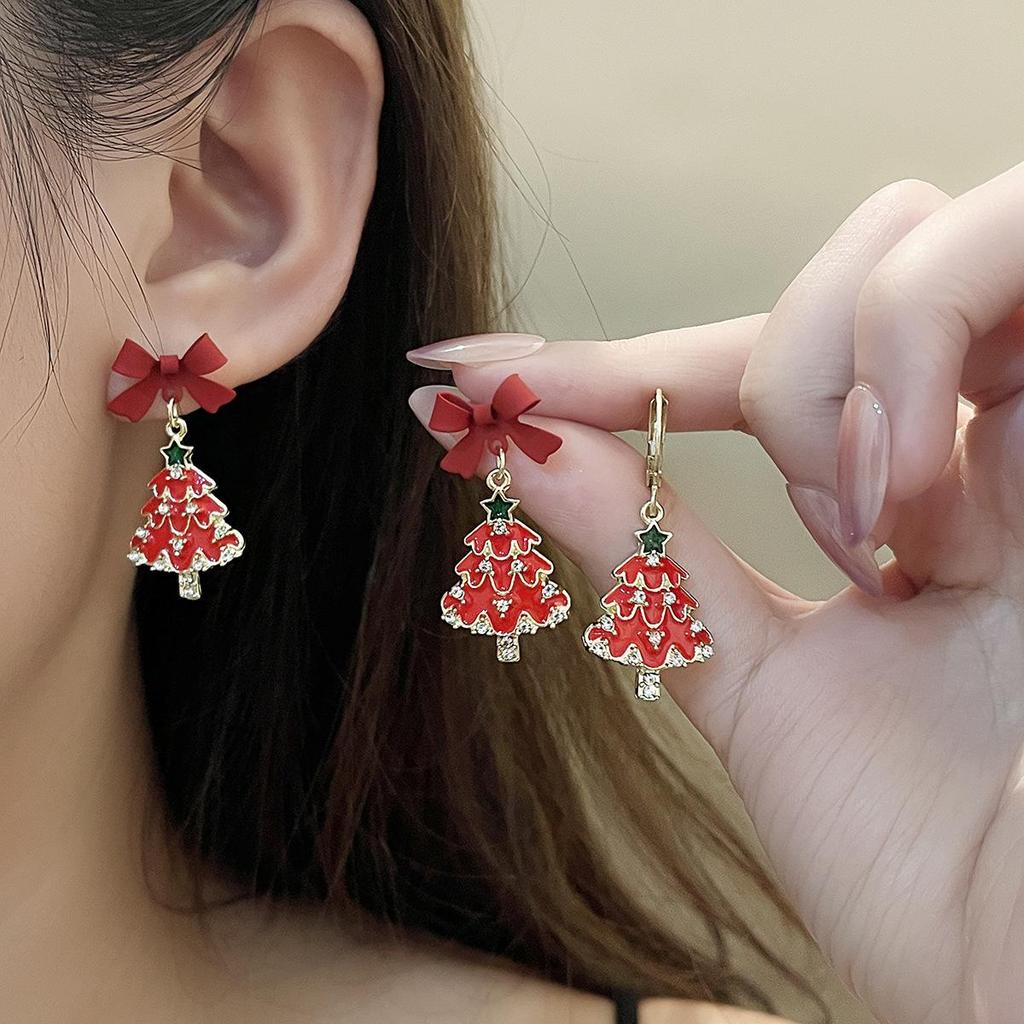 Elegant Red Christmas Tree Bow Earrings for Women - Festive Holiday Jewelry