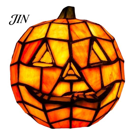 Weatherproof Halloween Lamp Stained Glass Pumpkin Lamp, Bedside Table Orange Outdoor Party Decoration Accent Night Light for Indoor, Home, Holiday