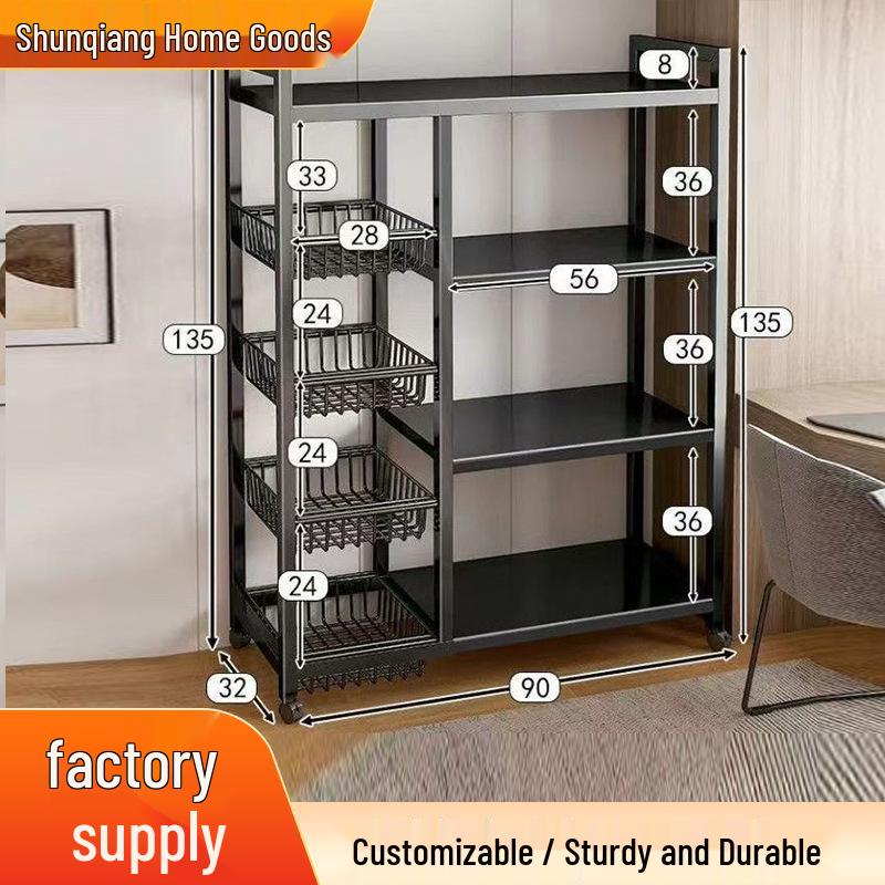 Floor-standing Multi-layer Kitchen Shelf for Cookware, Vegetables, Microwave, and Snacks