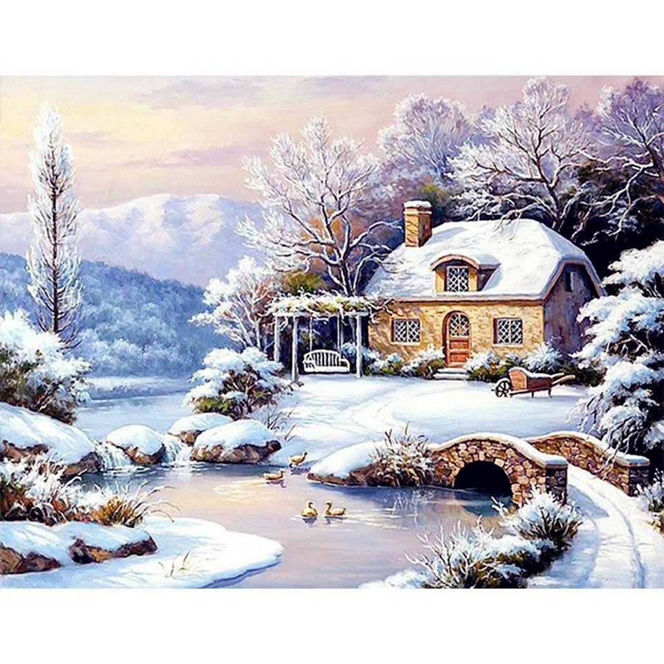 5D DIY Diamond Painting Landscape Winter House Full Round Rhinestone Embroidery Cross Stitch Kit Mosaic Picture Decoration Gift