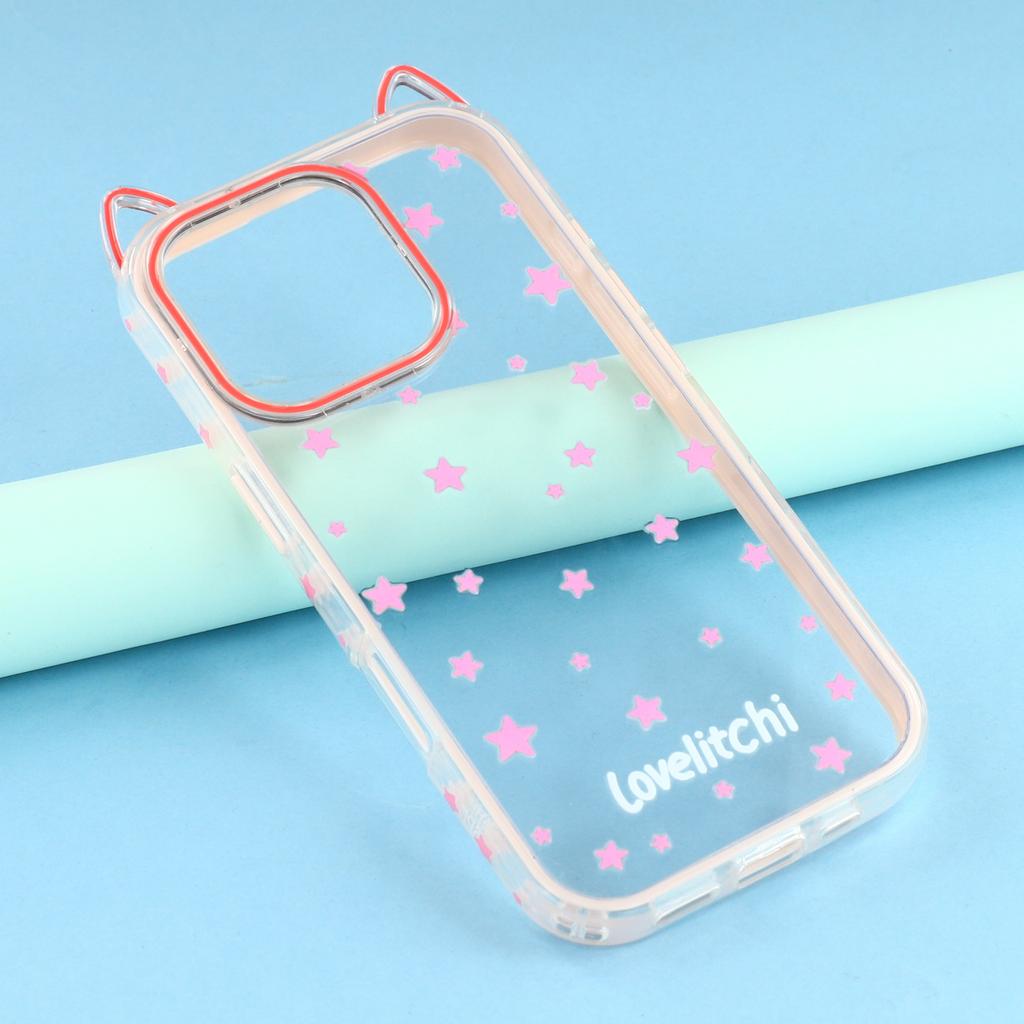 For iPhone 16 Pro Max Case Star Pattern Cat Ear Design TPU+Acrylic Clear Phone Back Cover