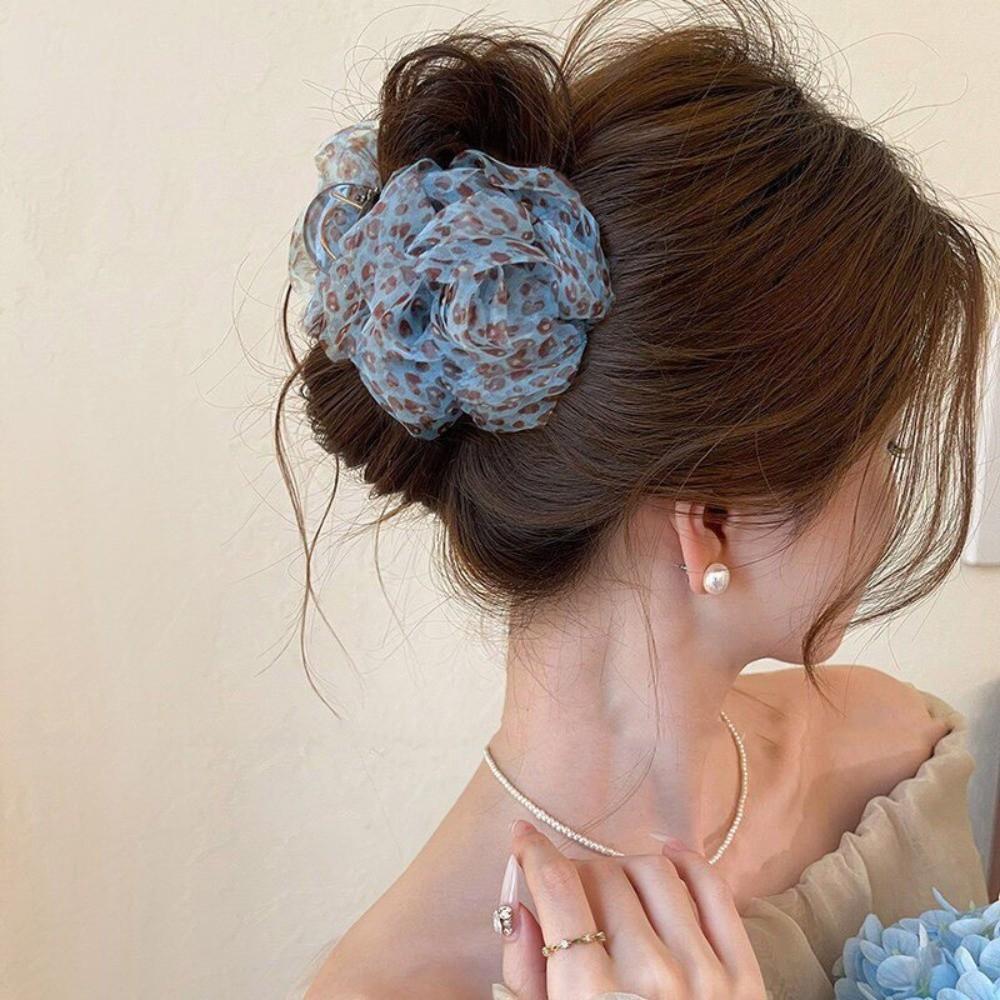 Fabric Flower Hair Claw Clip Floral Mesh Large Hair Grab Clip Leopard Print Hair Clip For Women