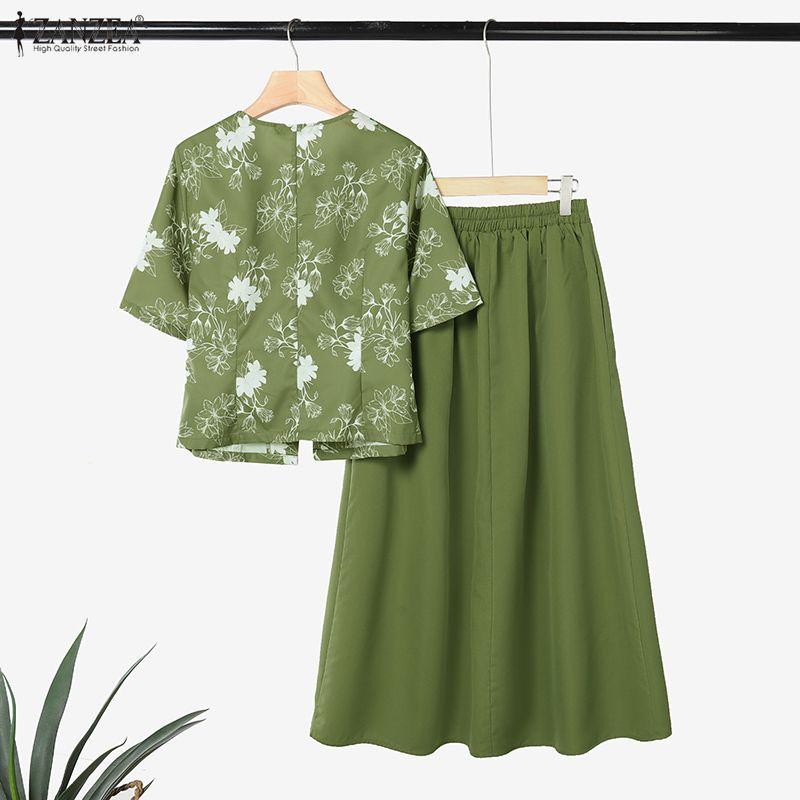 ZANZEA Women Short Sleeve Print Blouse and Long Skirts Summer Two Piece Suit Sets