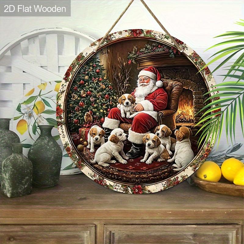 Christmas Decoration Sign,indoor Hanging decorations,2D Flat Wooden Products with The Pattern Is Santa Claus and dogs,Christmas Gifts for Family