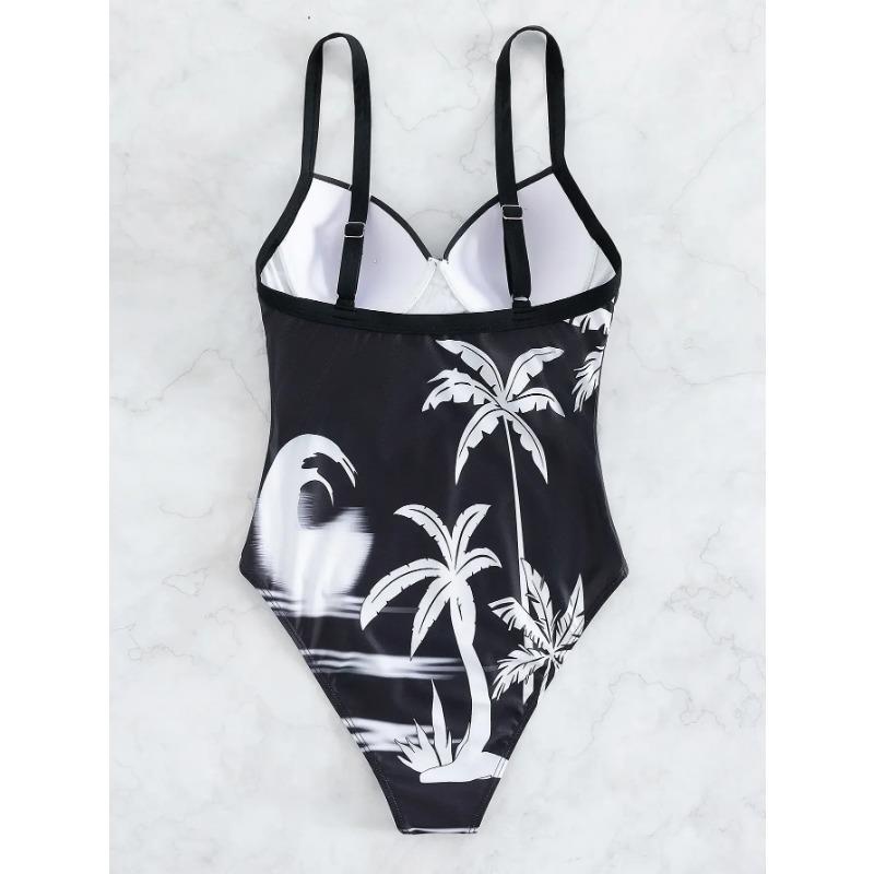 2025 Tropical Print Push Up Swimsuit Women One Piece High Cut Swimwear Female Bathers Bathing Swimming Suit Beachwear Monokini